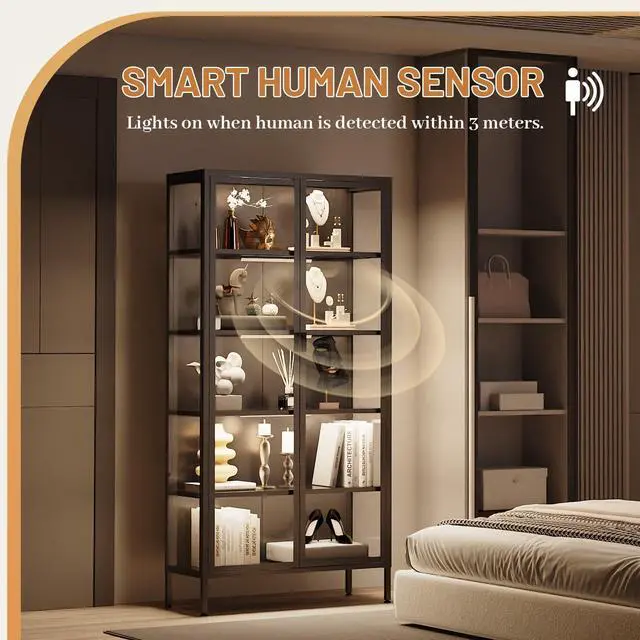 Alt view image 4 of 6 - 71" H Display Cabinet with Glass Doors, 5 Tiers Curio Glass Display Cabinet with 3 Colors LED Sensor Light,Display Cabinets for Collectible with 4 Adjustable Shelves for Living Room,Bedroom