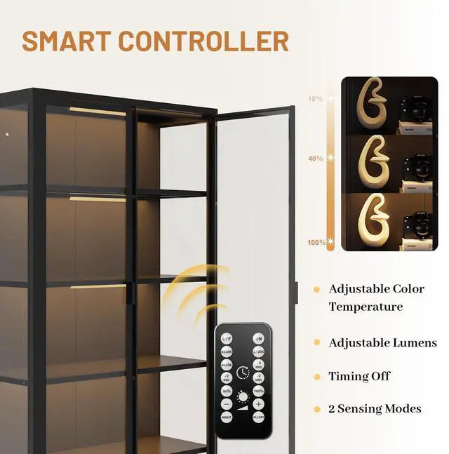 Alt view image 5 of 6 - 71" H Display Cabinet with Glass Doors, 5 Tiers Curio Glass Display Cabinet with 3 Colors LED Sensor Light,Display Cabinets for Collectible with 4 Adjustable Shelves for Living Room,Bedroom
