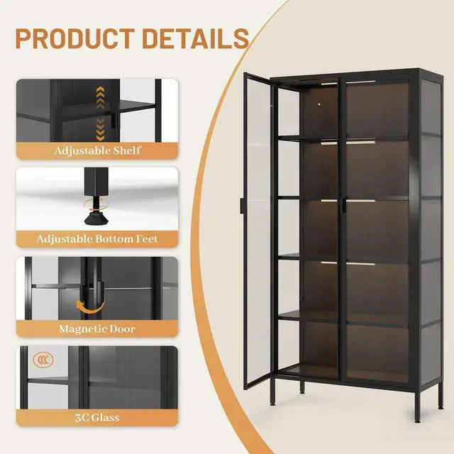 Alt view image 6 of 6 - 71" H Display Cabinet with Glass Doors, 5 Tiers Curio Glass Display Cabinet with 3 Colors LED Sensor Light,Display Cabinets for Collectible with 4 Adjustable Shelves for Living Room,Bedroom
