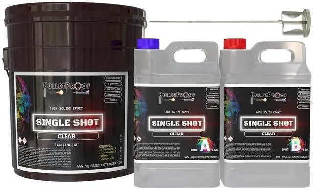 Main image of BP Resins: Single Shot |100% Solids Epoxy Resin Kit (3 Gallons) Solvent-Less, Two Component Gloss Coat Finish- Low VOC! Industrial Use, Garages, Floors, Wood, Acrylic & More! (Clear) + Free Mixer