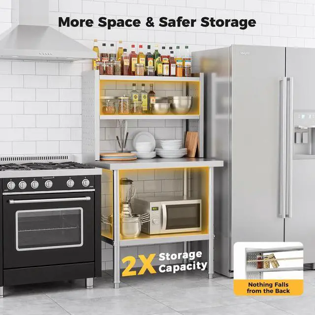 Alt view image 6 of 6 - 30x24 in NSF All Stainless Steel Table with Adjustable Shelf & Pegboard Panels & Casters, Kitchen Prep Table Commercial Heavy-Duty Worktable with Large Space Storage for Restaurant Garages