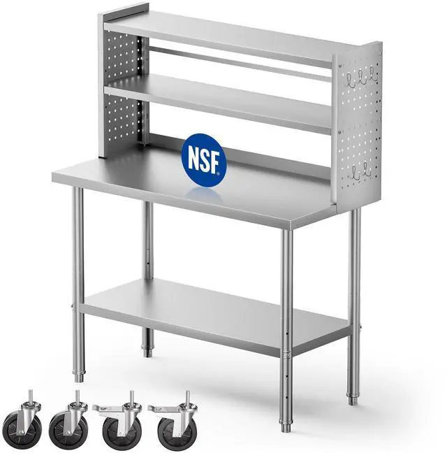 Main image of 48x24 in NSF All Stainless Steel Table with Adjustable Shelf & Pegboard Panels & Casters, Kitchen Prep Table Commercial Heavy-Duty Worktable with Large Space Storage for Restaurant Garages