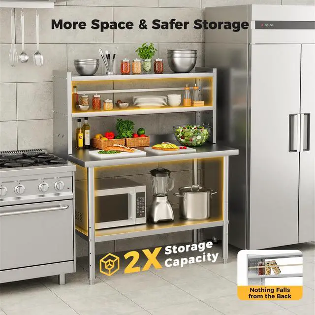 Alt view image 6 of 6 - 48x24 in NSF All Stainless Steel Table with Adjustable Shelf & Pegboard Panels & Casters, Kitchen Prep Table Commercial Heavy-Duty Worktable with Large Space Storage for Restaurant Garages