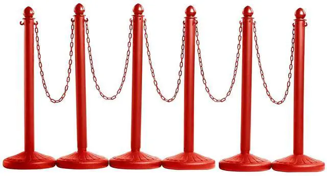 Main image of Montour Line Plastic Stanchion Red 2.5 Inch Diameter with 50 Foot Chain, 6-Pack, Crowd Control Barriers