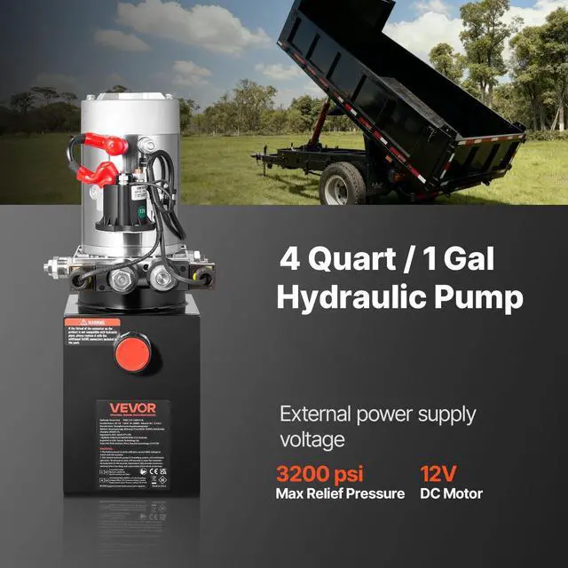 Alt view image 2 of 6 - 4 Quart Hydraulic Power Unit, Double Acting Dump Trailer Pump, 3200 PSI Max Relief Pressure & 0.91 GPM Flow Rate, DC 12V Hydraulic Pump with Metal Reservoir for Dump Trailer Car Lifting, Black