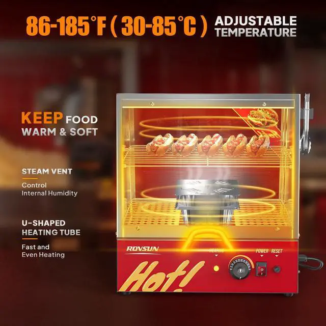 Alt view image 3 of 6 - 32QT/30L Hot Dog Steamer, 2-Tier Hut Steamer, Hot Dog Steamer Bun Warmer Cooker 175 Hot Dogs & 40 Buns Capacity with Drawer, Removable Shelves, Food Clip for Party Event Concession Stand