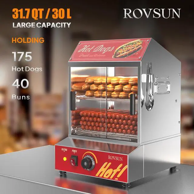 Alt view image 2 of 6 - 31.7QT/30L Hot Dog Steamer, 2-Tier Hot Dog Hut Steamer with 175 Hot Dogs & 40 Buns Capacity, Bun Warmer Cooker with Removable Shelves Food Clip for Party Event Concession Stand