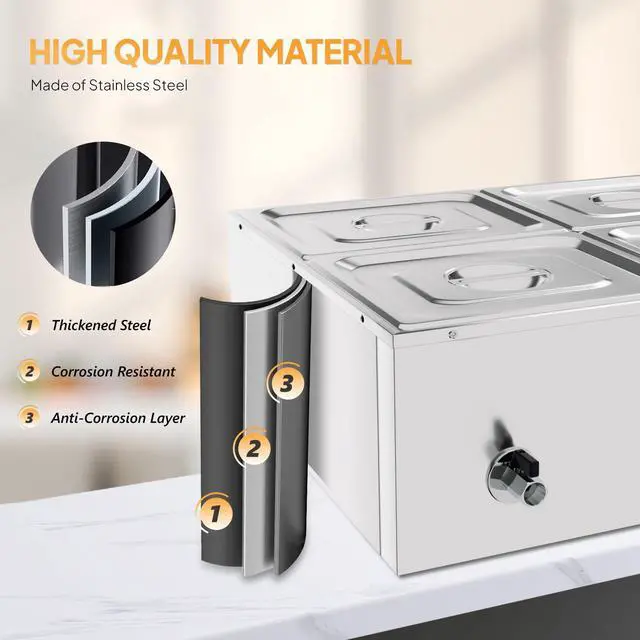 Alt view image 5 of 6 - 42.3QT Electric Commercial Food Warmer, 4-Pan Steam Table Countertop, 10.6 QT/Pan Stainless Steel Bain Marie Buffet with Temperature Control & Lid for Parties, Catering, Restaurants 1200W 110V