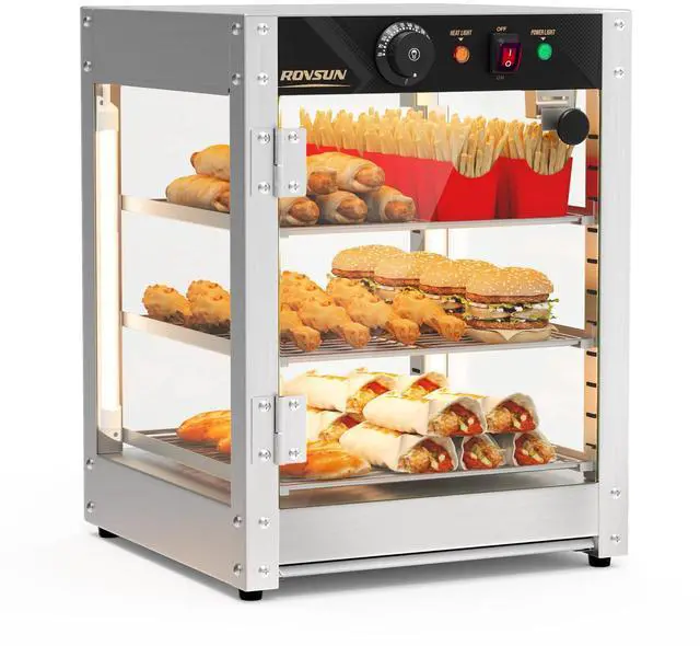 Main image of 3-Tier Commercial Food Warmer, 15" Pizza Warmer Food Warmer Display with LED Adjustable Lighting Glass Door Removable Shelves, Countertop Electric Food Warmer for Buffet Restaurant 110V 800W