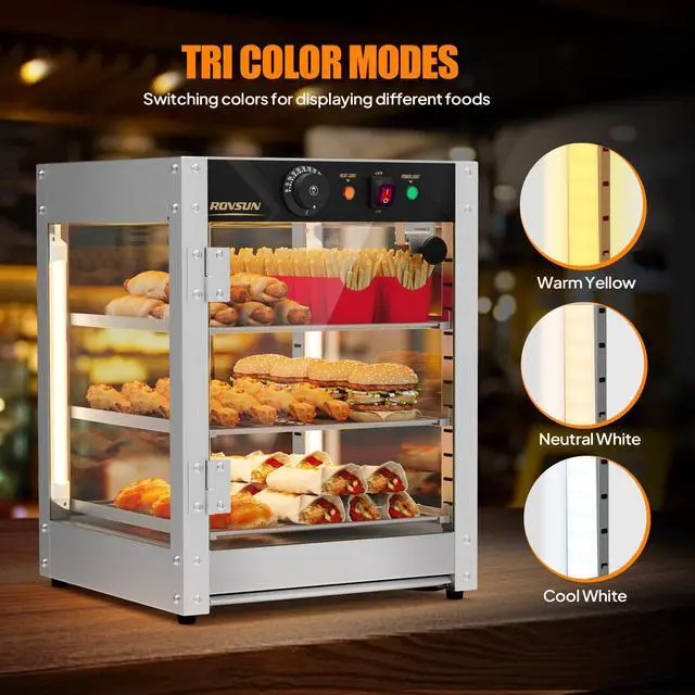 Alt view image 3 of 6 - 3-Tier Commercial Food Warmer, 15" Pizza Warmer Food Warmer Display with LED Adjustable Lighting Glass Door Removable Shelves, Countertop Electric Food Warmer for Buffet Restaurant 110V 800W