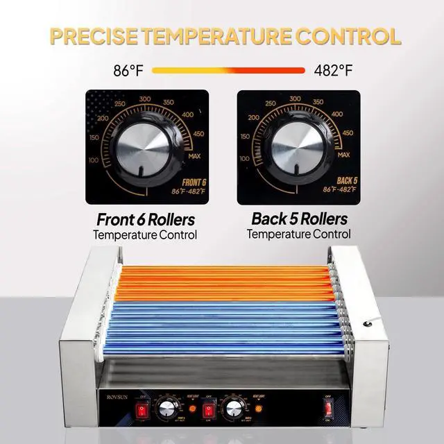 Alt view image 3 of 6 - Hot Dog Roller, 30 Hot Dog 11 Rollers ETL Certified, Hot Dog Machine Sausage Grill Cooker with Dual Temp Control, Glass Cover, LED, Side Storage Box, Shelf & Drip Tray for Home Commercial 1650W