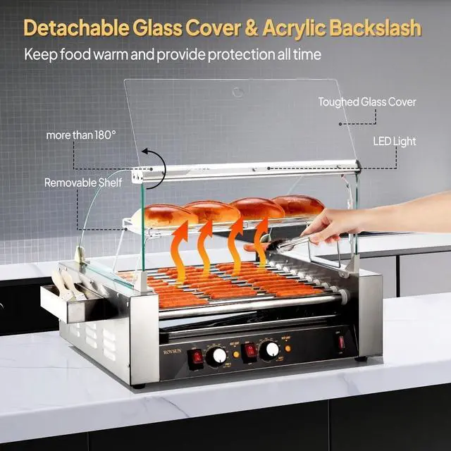 Alt view image 4 of 6 - Hot Dog Roller, 30 Hot Dog 11 Rollers ETL Certified, Hot Dog Machine Sausage Grill Cooker with Dual Temp Control, Glass Cover, LED, Side Storage Box, Shelf & Drip Tray for Home Commercial 1650W