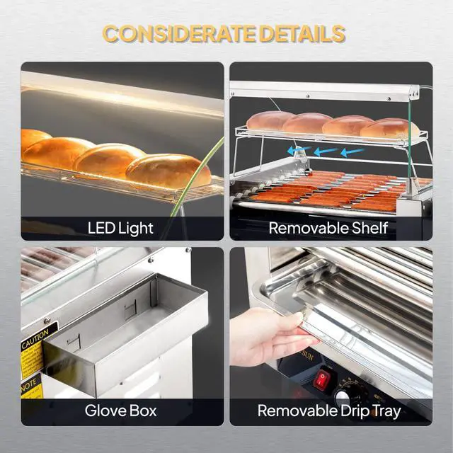 Alt view image 5 of 6 - Hot Dog Roller, 30 Hot Dog 11 Rollers ETL Certified, Hot Dog Machine Sausage Grill Cooker with Dual Temp Control, Glass Cover, LED, Side Storage Box, Shelf & Drip Tray for Home Commercial 1650W