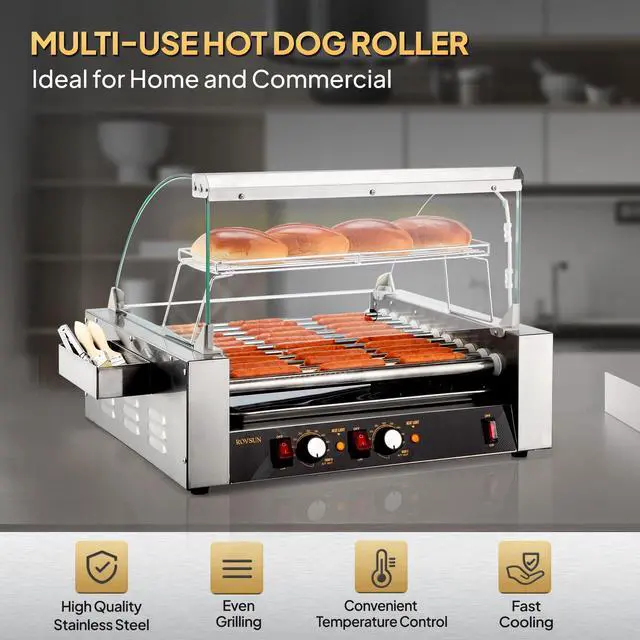 Alt view image 6 of 6 - Hot Dog Roller, 30 Hot Dog 11 Rollers ETL Certified, Hot Dog Machine Sausage Grill Cooker with Dual Temp Control, Glass Cover, LED, Side Storage Box, Shelf & Drip Tray for Home Commercial 1650W