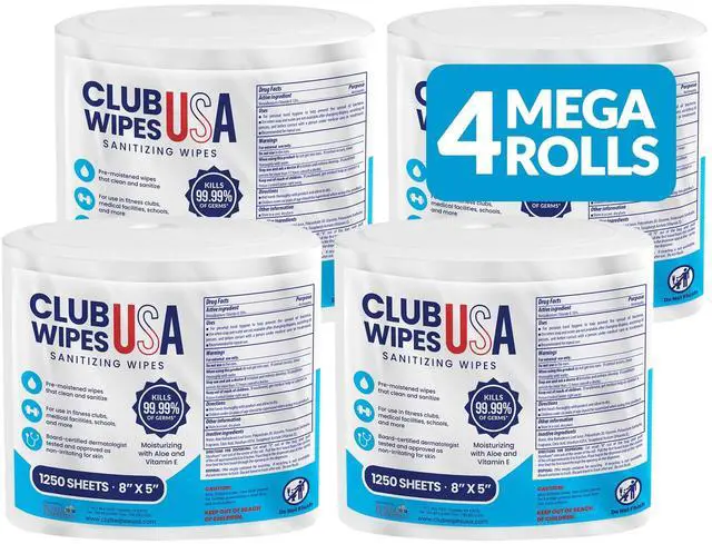Main image of Sanitizing Wipes: 5000 Unscented Wipes (8" x 5"): 4 Refill Mega Rolls for Floor Stand and Wall Dispensers - For Gyms, Restaurants, Offices
