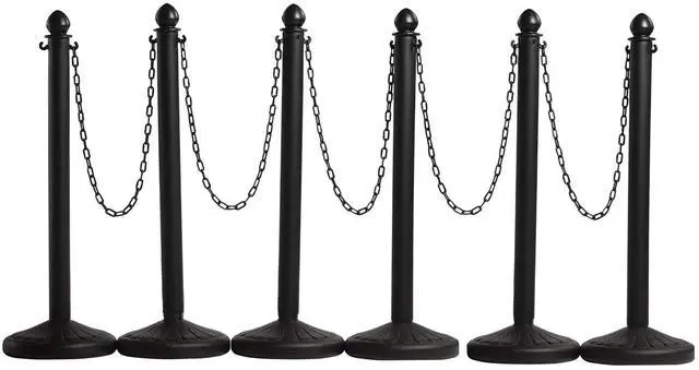 Main image of Montour Line Plastic Stanchion Black 2.5 Inch Diameter with 50 Foot Chain, 6-Pack, Crowd Control Barriers