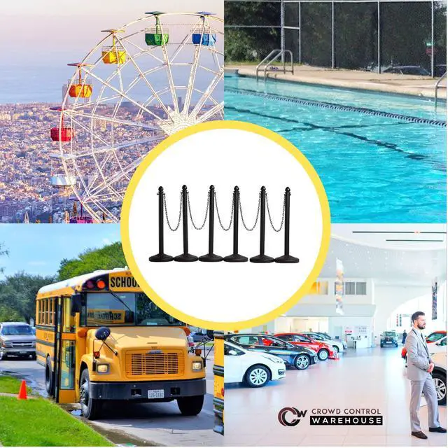 Alt view image 4 of 6 - Montour Line Plastic Stanchion Black 2.5 Inch Diameter with 50 Foot Chain, 6-Pack, Crowd Control Barriers