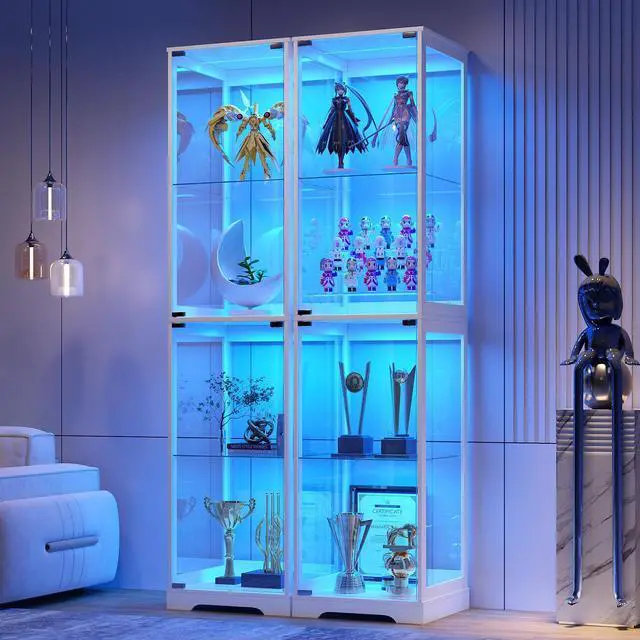 Main image of Glass Display Cabinet with Doors, 65" Tall 4-Tier Curio Display Case with 3 Color Lights and Human Body Sensor, Bookcase for Collectibles, White