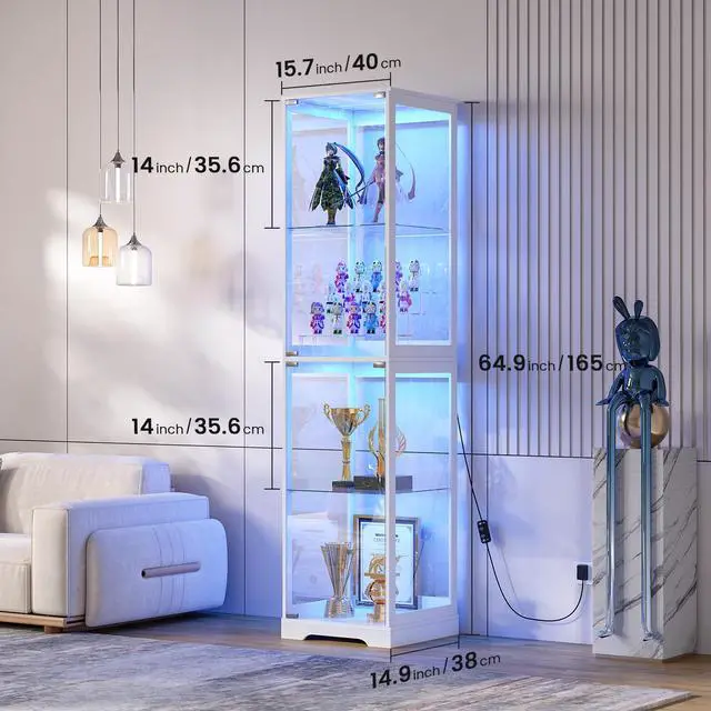 Alt view image 2 of 6 - Glass Display Cabinet with Doors, 65" Tall 4-Tier Curio Display Case with 3 Color Lights and Human Body Sensor, Bookcase for Collectibles, White