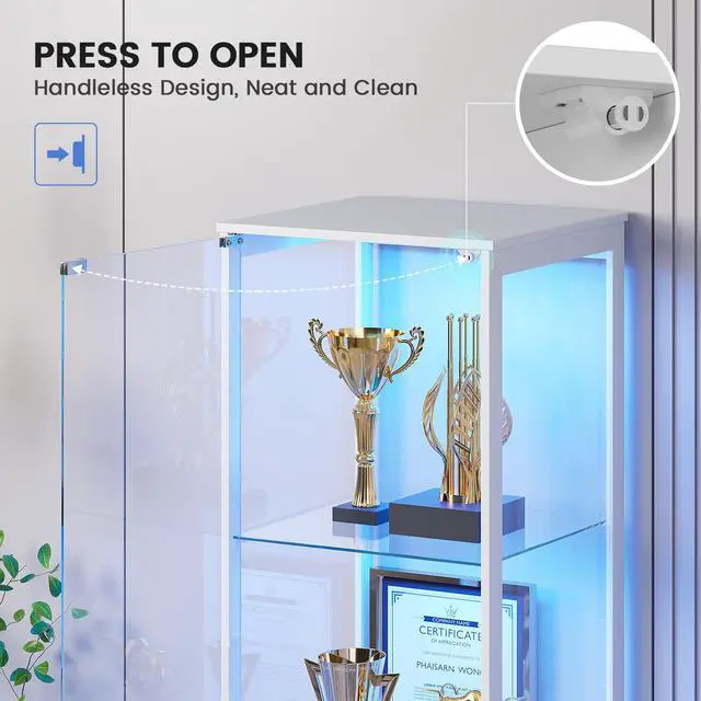 Alt view image 5 of 6 - Glass Display Cabinet with Doors, 65" Tall 4-Tier Curio Display Case with 3 Color Lights and Human Body Sensor, Bookcase for Collectibles, White