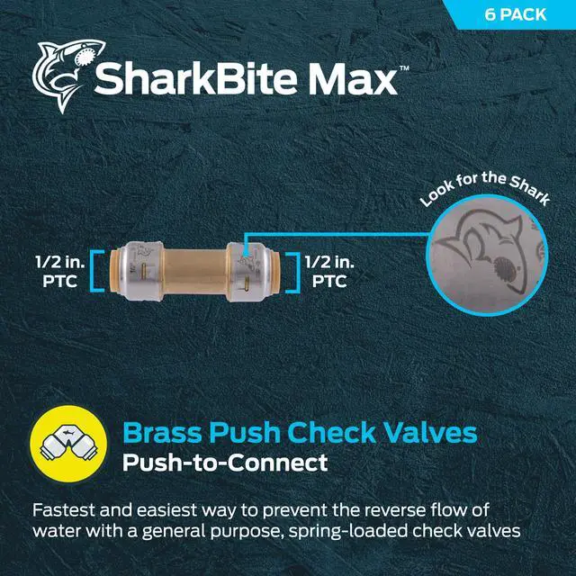Alt view image 2 of 6 - Max 1/2 Inch Check Valve, Pack of 6, Push to Connect Brass Plumbing Fitting, PEX Pipe, Copper, CPVC, PE-RT, HDPE, UR2008