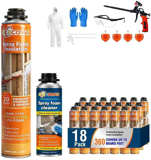 Main image of Closed Cell Spray Foam Insulation Kit 360 Sq.Ft.,High Density Polyurethane Expanding Spray Foam for Walls and Attic,Easy DIY Wide Spray Foam Kit with Gun, Cleaner & Safety Gear - 18 Pack