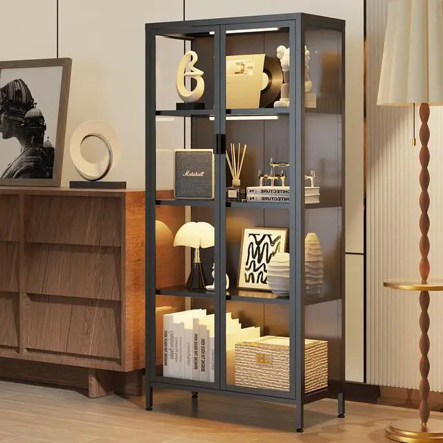 Main image of 63" H Display Cabinet with Glass Doors,4 Tiers Curio Display Case with 3 Colors LED Sensor Light,Glass Display Cabinets for Collectible with 3 Adjustable Shelves for Living Room,Bedroom,Office