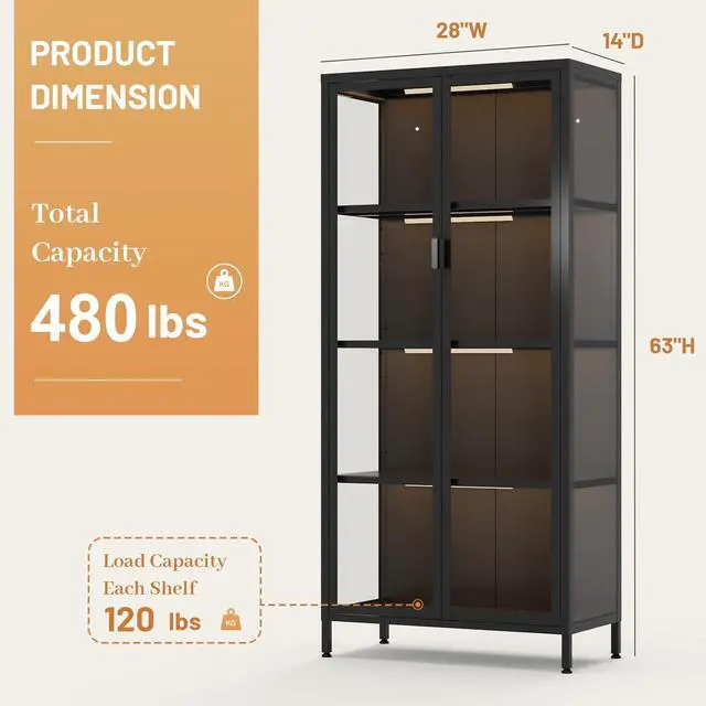 Alt view image 2 of 6 - 63" H Display Cabinet with Glass Doors,4 Tiers Curio Display Case with 3 Colors LED Sensor Light,Glass Display Cabinets for Collectible with 3 Adjustable Shelves for Living Room,Bedroom,Office