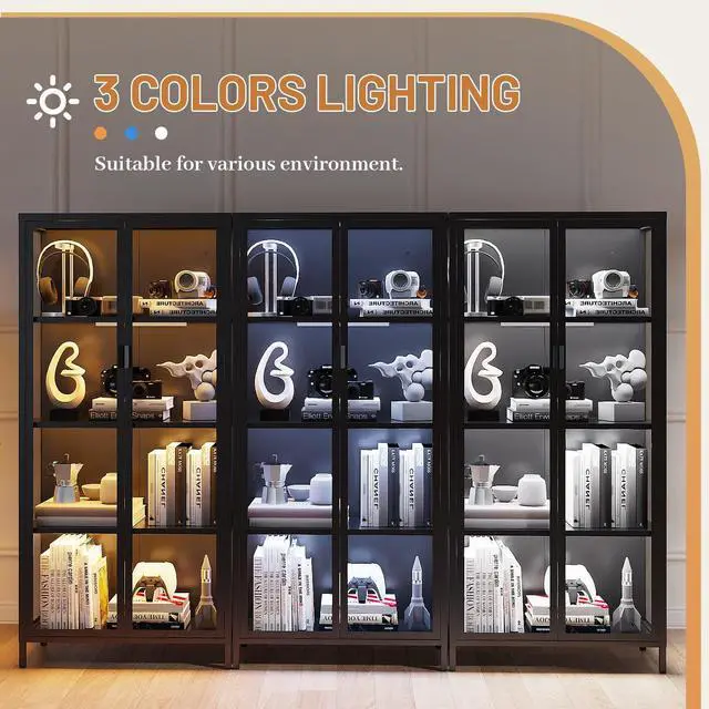 Alt view image 3 of 6 - 63" H Display Cabinet with Glass Doors,4 Tiers Curio Display Case with 3 Colors LED Sensor Light,Glass Display Cabinets for Collectible with 3 Adjustable Shelves for Living Room,Bedroom,Office
