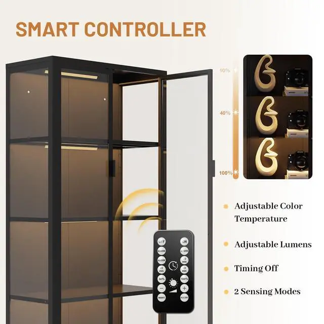 Alt view image 5 of 6 - 63" H Display Cabinet with Glass Doors,4 Tiers Curio Display Case with 3 Colors LED Sensor Light,Glass Display Cabinets for Collectible with 3 Adjustable Shelves for Living Room,Bedroom,Office