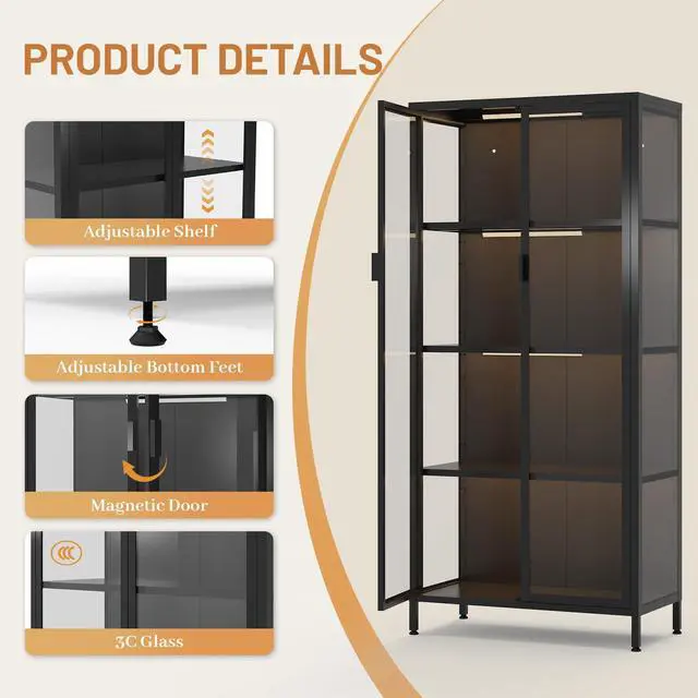 Alt view image 6 of 6 - 63" H Display Cabinet with Glass Doors,4 Tiers Curio Display Case with 3 Colors LED Sensor Light,Glass Display Cabinets for Collectible with 3 Adjustable Shelves for Living Room,Bedroom,Office