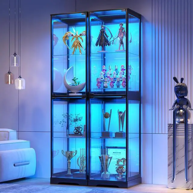 Main image of Glass Display Cabinet with Doors, 65" Tall 4-Tier Curio Display Case with 3 Color Lights and Human Body Sensor, Bookcase for Collectibles, Black