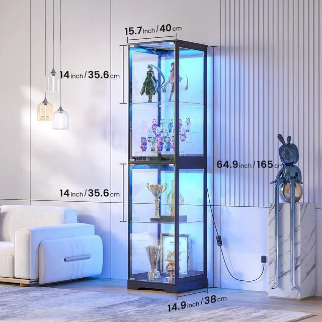 Alt view image 2 of 6 - Glass Display Cabinet with Doors, 65" Tall 4-Tier Curio Display Case with 3 Color Lights and Human Body Sensor, Bookcase for Collectibles, Black