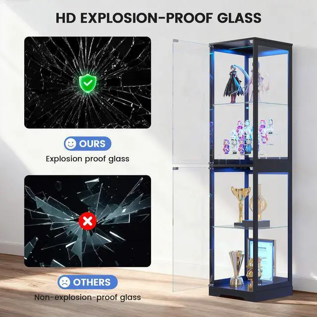 Alt view image 6 of 6 - Glass Display Cabinet with Doors, 65" Tall 4-Tier Curio Display Case with 3 Color Lights and Human Body Sensor, Bookcase for Collectibles, Black