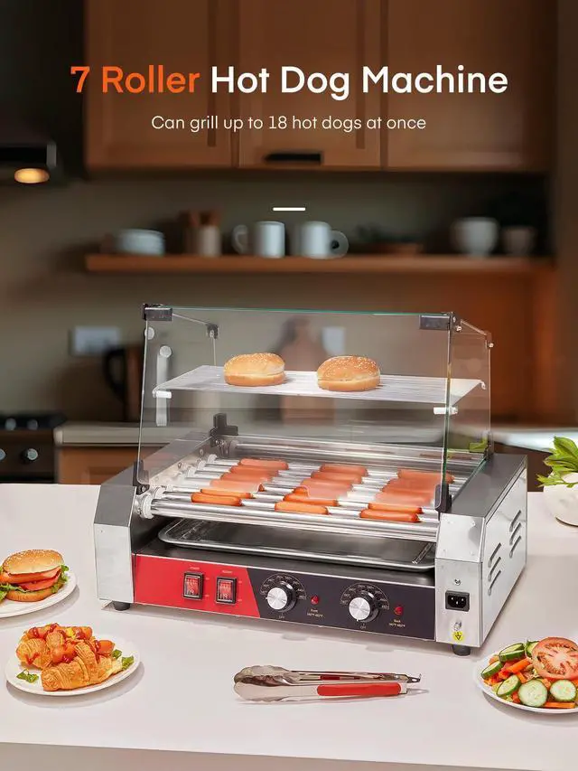 Alt view image 2 of 6 - Hot Dog Roller 7 Rollers 18-24 Hot Dogs Capacity, 1050W Stainless Steel Hot Dog Machine with Bun Warmer Shelf, Dual Temp Control, Glass Cover, Removable Tray for Commercial and Party