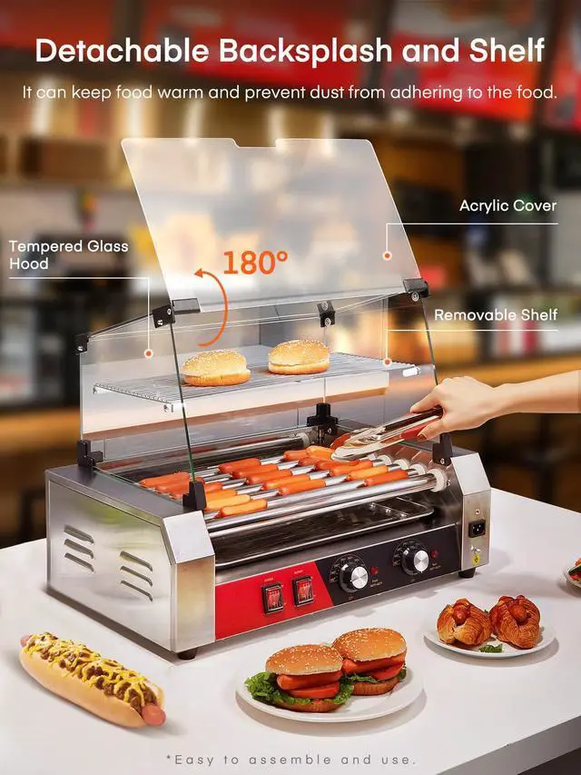 Alt view image 3 of 6 - Hot Dog Roller 7 Rollers 18-24 Hot Dogs Capacity, 1050W Stainless Steel Hot Dog Machine with Bun Warmer Shelf, Dual Temp Control, Glass Cover, Removable Tray for Commercial and Party