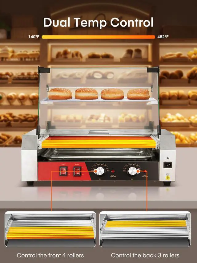 Alt view image 4 of 6 - Hot Dog Roller 7 Rollers 18-24 Hot Dogs Capacity, 1050W Stainless Steel Hot Dog Machine with Bun Warmer Shelf, Dual Temp Control, Glass Cover, Removable Tray for Commercial and Party