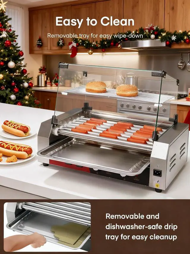Alt view image 5 of 6 - Hot Dog Roller 7 Rollers 18-24 Hot Dogs Capacity, 1050W Stainless Steel Hot Dog Machine with Bun Warmer Shelf, Dual Temp Control, Glass Cover, Removable Tray for Commercial and Party