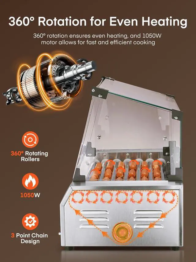 Alt view image 6 of 6 - Hot Dog Roller 7 Rollers 18-24 Hot Dogs Capacity, 1050W Stainless Steel Hot Dog Machine with Bun Warmer Shelf, Dual Temp Control, Glass Cover, Removable Tray for Commercial and Party