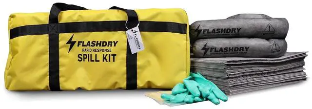 Main image of FlashDry Portable Universal Spill Kit - Set of 6 - Vehicle, Industrial, & Emergency safety kits - Yellow Duffle, Bag Tag, 15 Spill Absorbent Pads, 2 3" x4' Sorbent Socks, Disposal Bags, Nitrile Gloves
