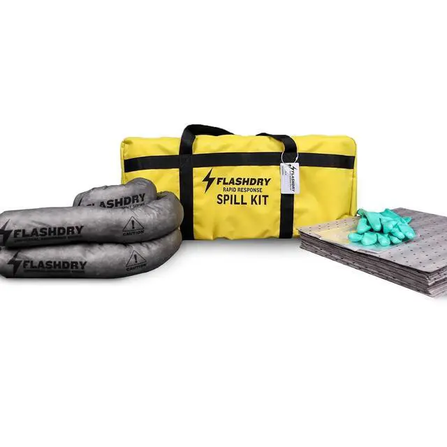 Alt view image 2 of 4 - FlashDry Portable Universal Spill Kit - Set of 6 - Vehicle, Industrial, & Emergency safety kits - Yellow Duffle, Bag Tag, 15 Spill Absorbent Pads, 2 3" x4' Sorbent Socks, Disposal Bags, Nitrile Gloves