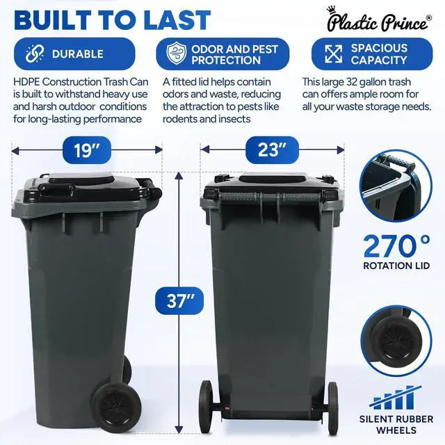 Alt view image 2 of 6 - 32 Gallon Trash Can with Wheels Outdoor Trash Can with Lid Heavy-Duty Rolling Trash Bin Plastic Outside Garbage Can Wheeled Gray for Home Hospitals Restaurants Offices