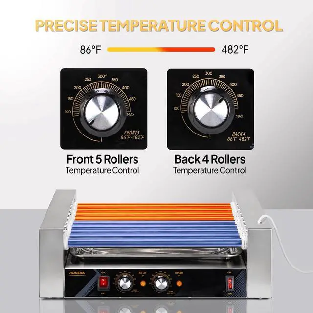 Alt view image 3 of 6 - Hot Dog Roller, 24 Hot Dog 9 Rollers ETL Certified, Hot Dog Machine Sausage Grill Cooker with Dual Temp Control, Glass Cover, LED, Side Storage Box, Shelf & Drip Tray for Home Commercial 1350W