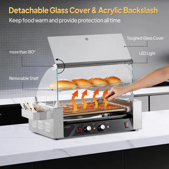 Alt view image 4 of 6 - Hot Dog Roller, 24 Hot Dog 9 Rollers ETL Certified, Hot Dog Machine Sausage Grill Cooker with Dual Temp Control, Glass Cover, LED, Side Storage Box, Shelf & Drip Tray for Home Commercial 1350W