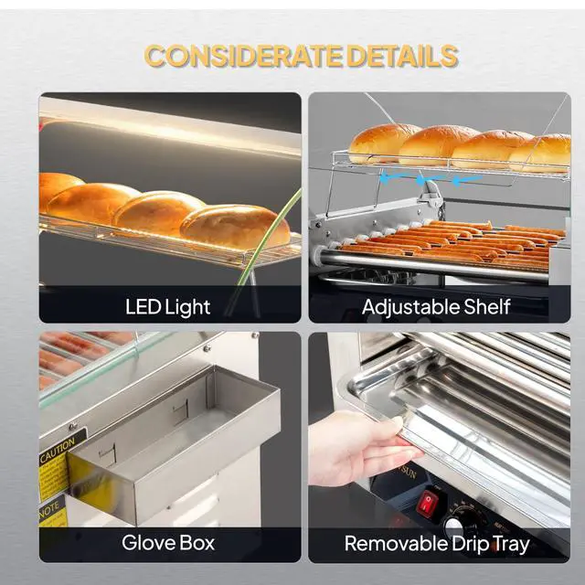 Alt view image 5 of 6 - Hot Dog Roller, 24 Hot Dog 9 Rollers ETL Certified, Hot Dog Machine Sausage Grill Cooker with Dual Temp Control, Glass Cover, LED, Side Storage Box, Shelf & Drip Tray for Home Commercial 1350W