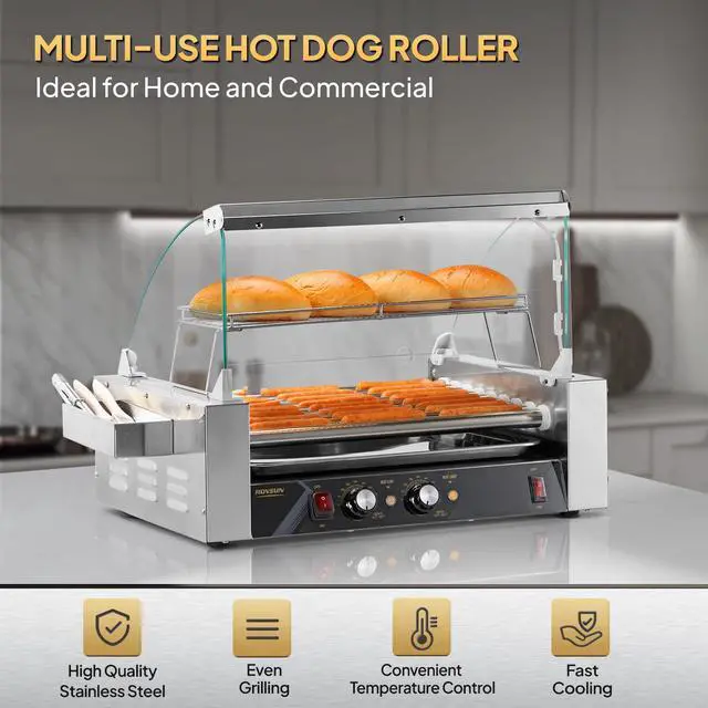 Alt view image 6 of 6 - Hot Dog Roller, 24 Hot Dog 9 Rollers ETL Certified, Hot Dog Machine Sausage Grill Cooker with Dual Temp Control, Glass Cover, LED, Side Storage Box, Shelf & Drip Tray for Home Commercial 1350W