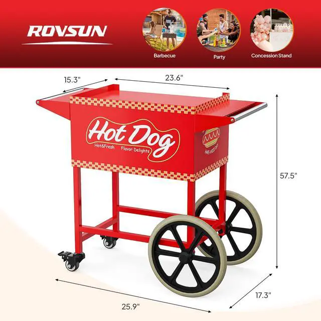 Alt view image 6 of 6 - Hot Dog Cart - Mobile Stand for 5-7 Rollers Hot Dog Machine with Shelfs, Handles & Wheels, Concession Stands, Fairs, Events Use