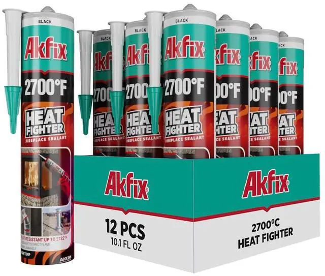 Main image of Heat Fighter Black Fireplace Sealant - 2700 °F (12x10.1 oz.) - Heat Resistant Fireplace Stove Caulk for Chimneys, Ovens, Grills, Wood Stoves | Non-Flammable, Quick-Drying & Paintable Cartridge