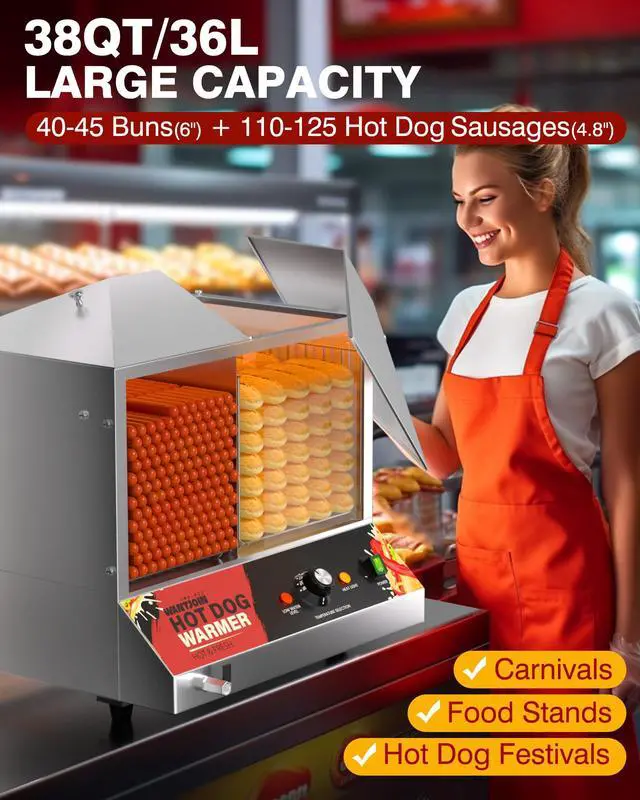 Alt view image 2 of 6 - Commercial Hot Dog Steamer - 38QT/36L Electric Hot Dog Steamer and Bun Warmer, Stainless Steel Hot Dog Cabinet with Tempered Glass 200-275 Sausages & 40-45 Buns