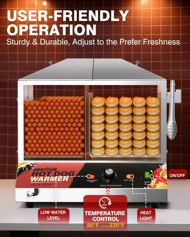 Alt view image 3 of 6 - Commercial Hot Dog Steamer - 38QT/36L Electric Hot Dog Steamer and Bun Warmer, Stainless Steel Hot Dog Cabinet with Tempered Glass 200-275 Sausages & 40-45 Buns